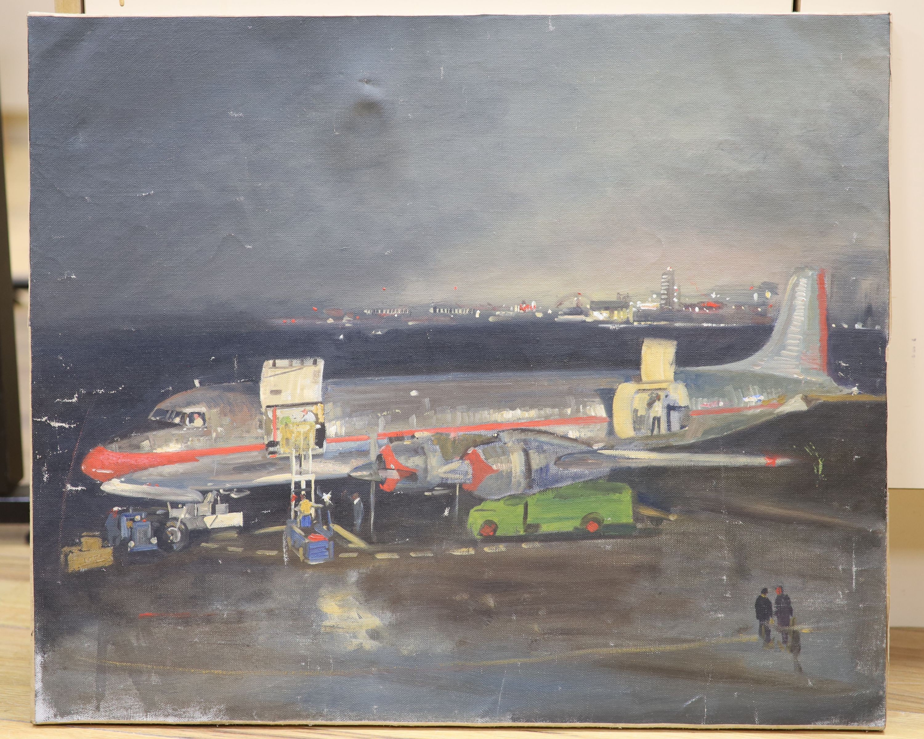 Douglas Ettridge (1927-2009), oil on canvas, A DC 6 Freighter, studio stamp verso, 49 x 60cm, unframed